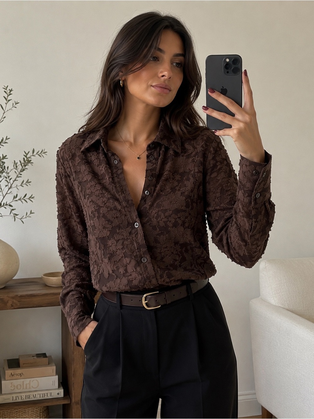 Etcetera Textured Floral Blouse – Size 12 Brown